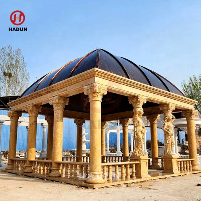 Outdoor Garden Beige Sandstone Marble Gazebo with Iron Roof