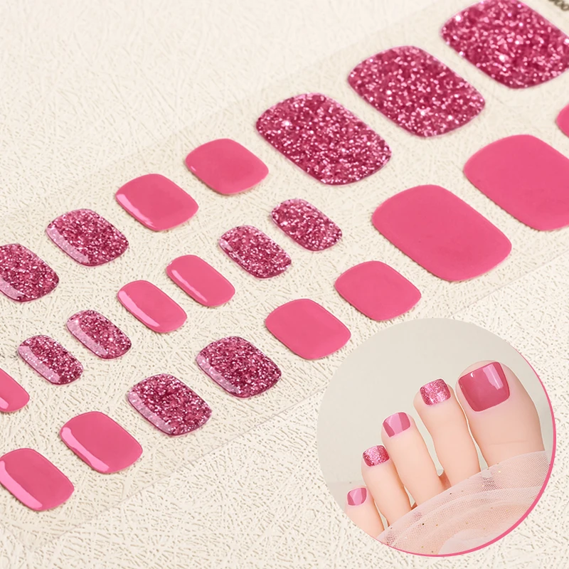 2025 new design gel nail products pink glitter paired solid color semi-cured gel toe nail sticker for foot manicure