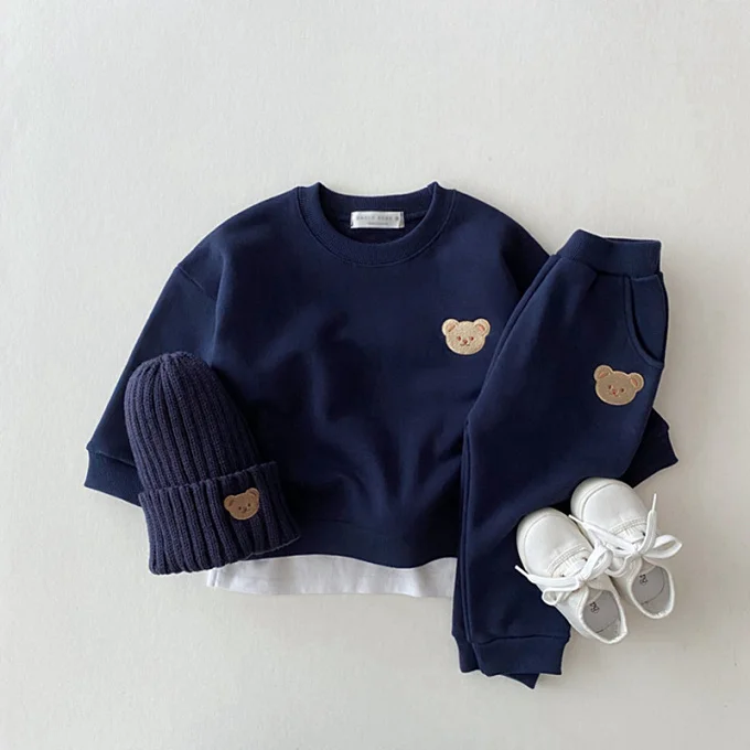 INS Newborn Toddler Tracksuit Long Sleeve Sweater+Pants 2pcs Set Unisex Baby Cotton Embroidery Bear Round Neck Leisure Outfits