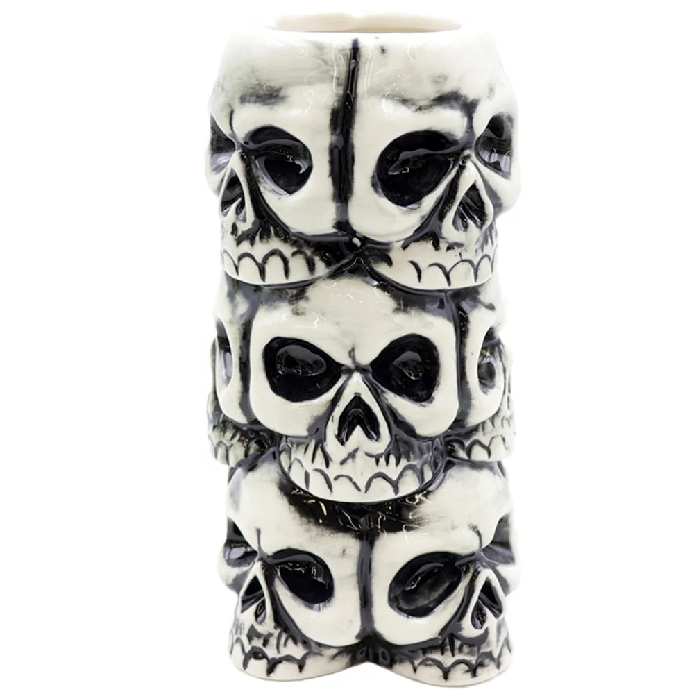 Custom color high grade wholesale Halloween barware skeleton themed creative ceramic stacked skulls tiki mug