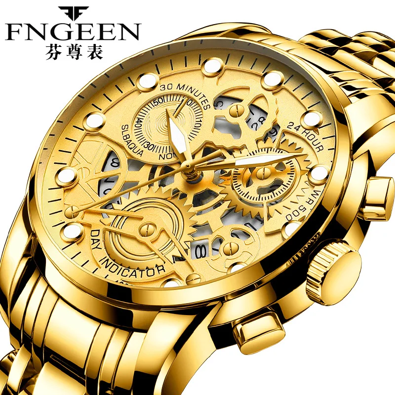 FINGERINGS 336 Luxury Business Men Wrist Watch Waterproof Gold Color Mens Stainless Steel Band Relojes Quartz Watches
