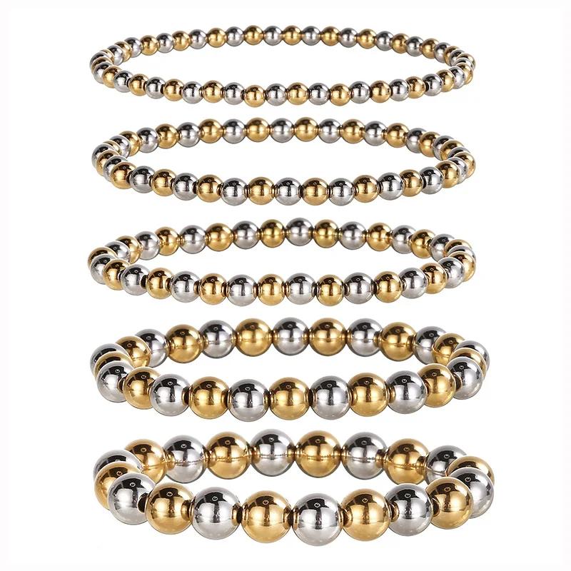 Stainless steel beads waterproof bracelet 4/5/6/8/10mm beads two-color elastic bracelet for women