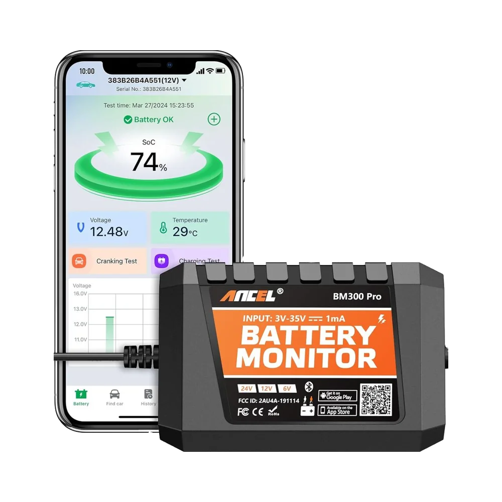 ANCLEL BM300 Pro 6V 12V 24V Battery Monitor IP67 Waterproof Bluetooth 5.3 Voltmeter Trucks Charging Cranking System Test Alarm