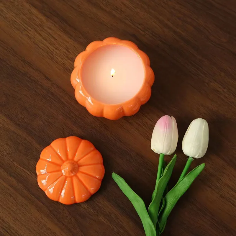 Cute Small Pumpkin Ceramic Candle Cup with Lid DIY Hand Work Indoor Fragrance Stoneware Candle Jar Canister Can