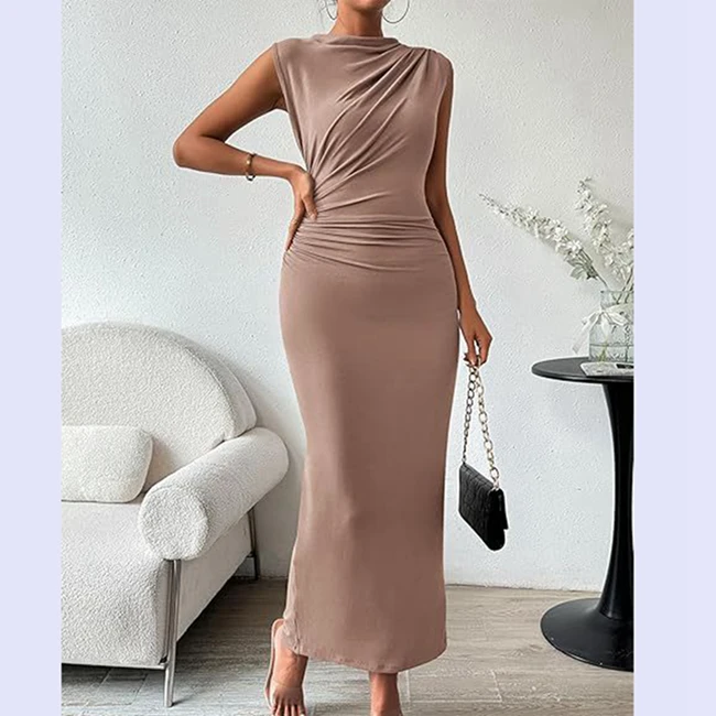 Channel 2024 Summer Women Casual Empire Waist Breathable Split Back Solid Ruched Sleeveless Bodycon Maxi Dress