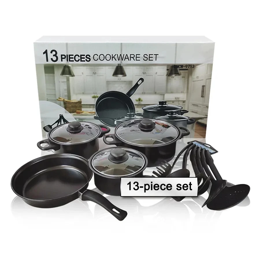 13 Pieces Black Cast Iron Kitchen Utensils Cooking Tools Non Stick Cookware Set With Pots And Pans Set