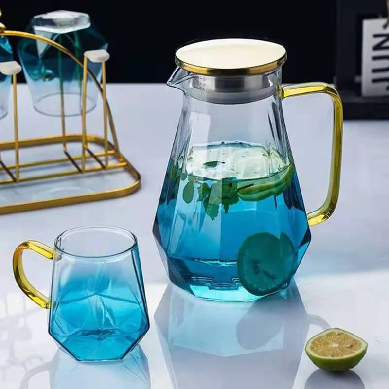 Promotion Gift kettle set Diamond Glass Pitcher with plastic lidDrinking Beverage Jug glass water jug