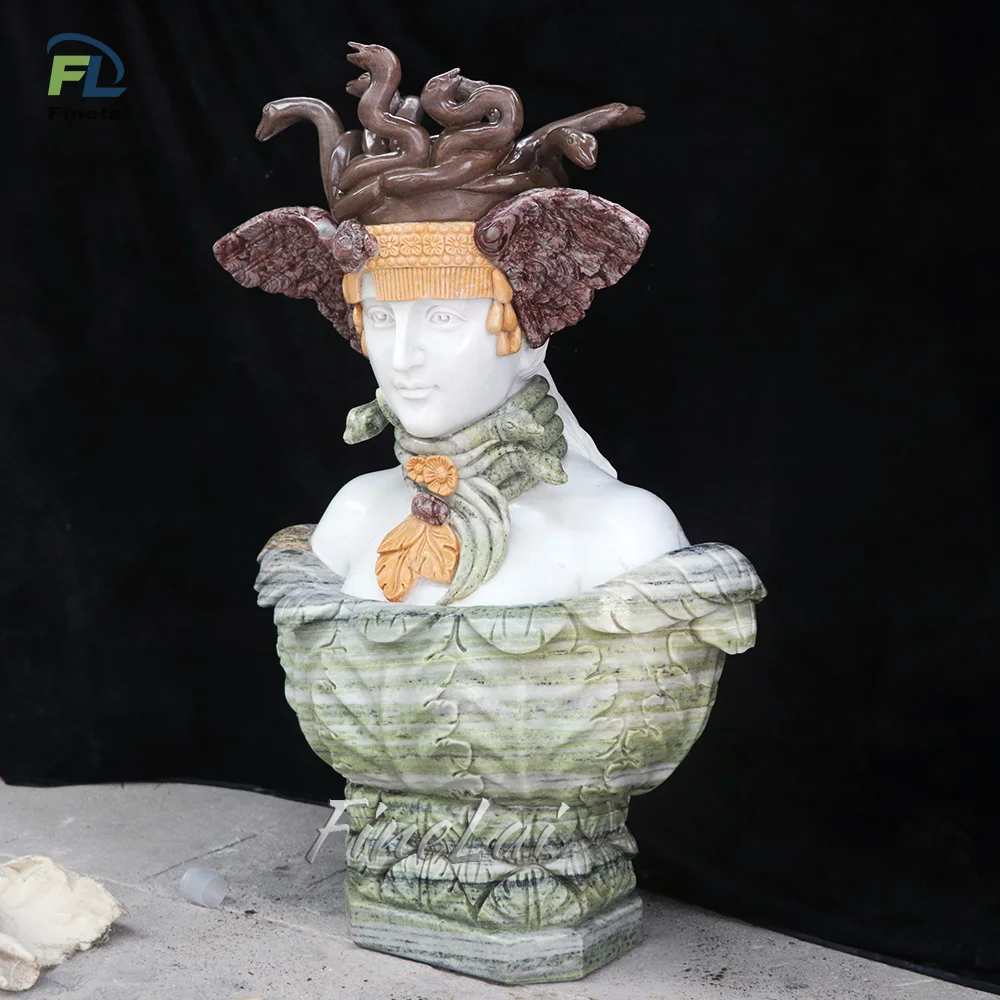 Finelai Famous Classic Hand Carved Natural Stone Carved medusa head bust statue sculpture for decor home