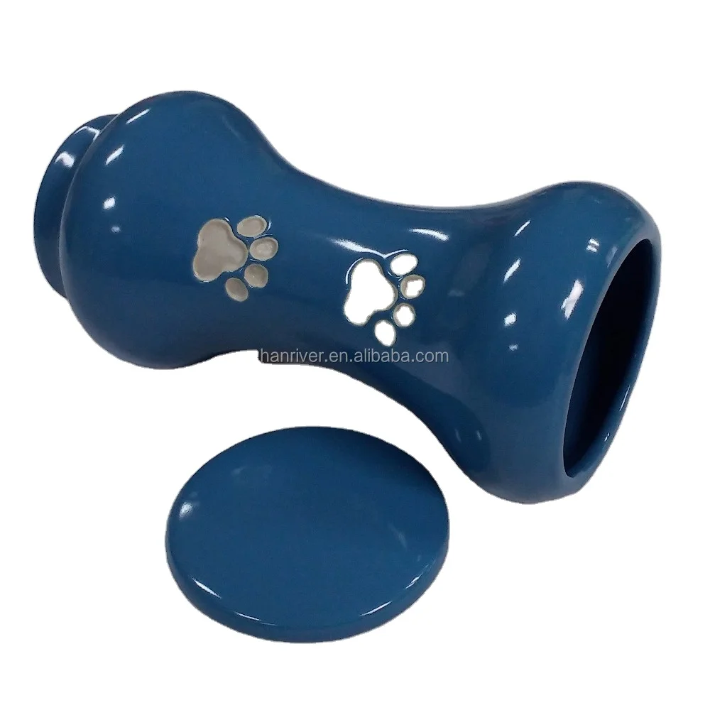 Best selling ceramics bone shape pet urns casket with hand paint paw mark for pets ashes with cover
