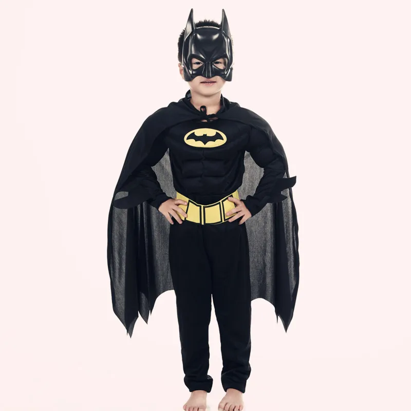 Unisex Halloween Black Bat Muscle Costume Kids Boys Girls Masquerade Party Cosplay Suit Jumpsuit Cloak Character Hat Accessories