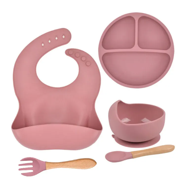 China Wholesale Sales Reasonable Price 5 Pieces Silicon Child Babi Spoon Bib Tableware Silicone Baby Feeding Plate Bowl Set