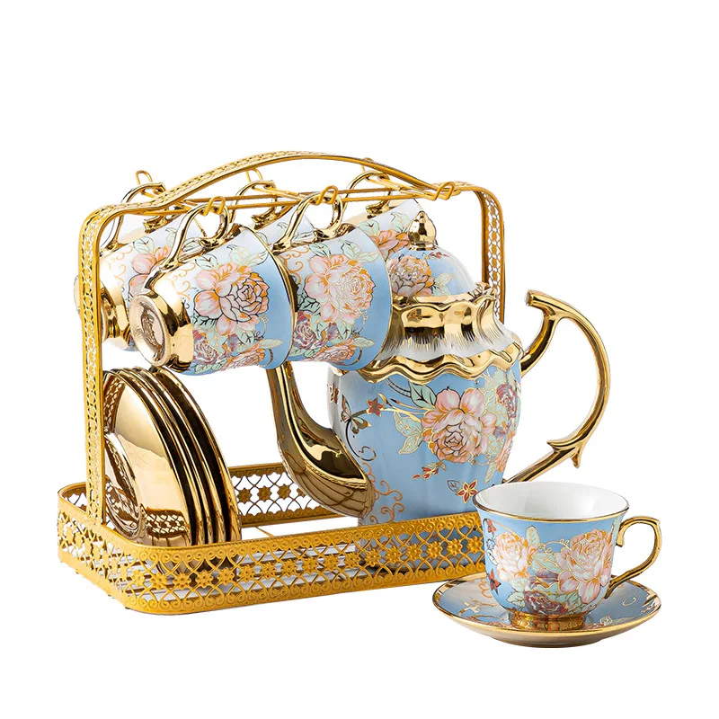 13pcs/set Delicate Gold Ceramic Espresso Coffee Cup Pot Set European Vintage Tea Cup Tea Kettle Saucer Set