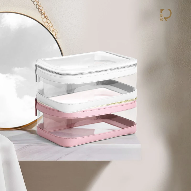 Rownyeon Clear Makeup Case Toiletry Bag Travel Makeup Train Case Portable Cosmetic Organizer Transparent Bag Black White Pink