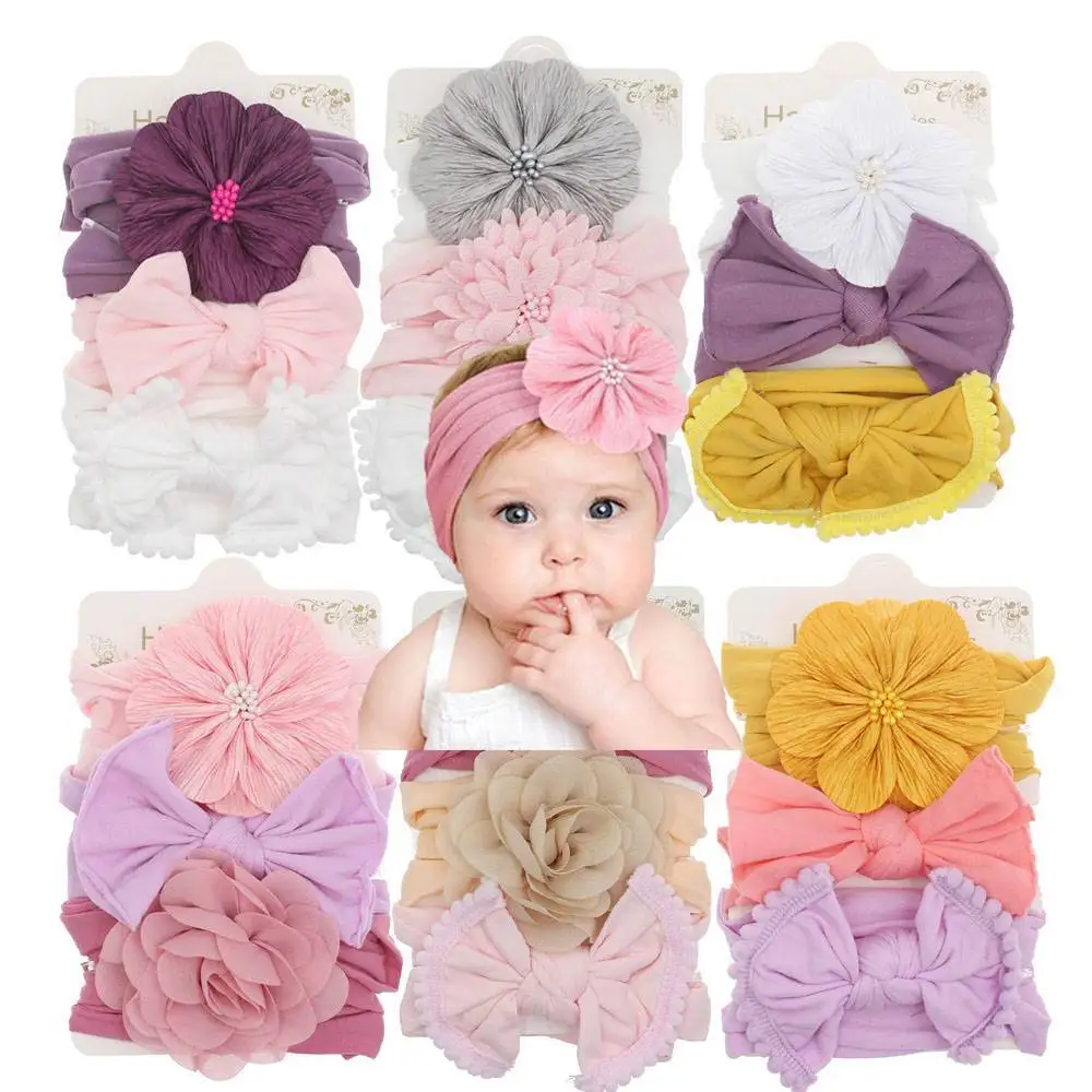 Wholesale Baby hair accessories infant  Children elastic headband soft Bow Flower Head wear 3pcs/set for girls
