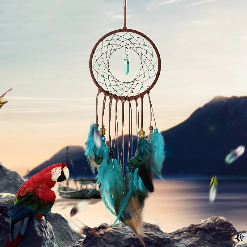 Organic Material Wall Hanging Decoration  Handmade Turquoise Stone Feather Macrame Dream Catcher