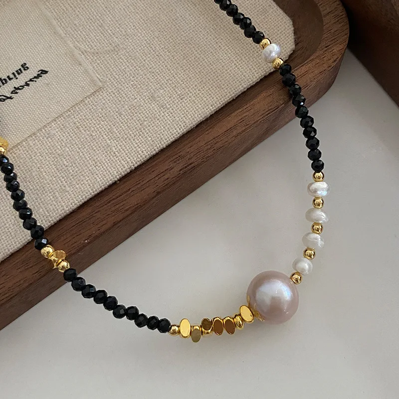 18k gold plated fashion black obsidian beads baroque pearls necklace for girls cute