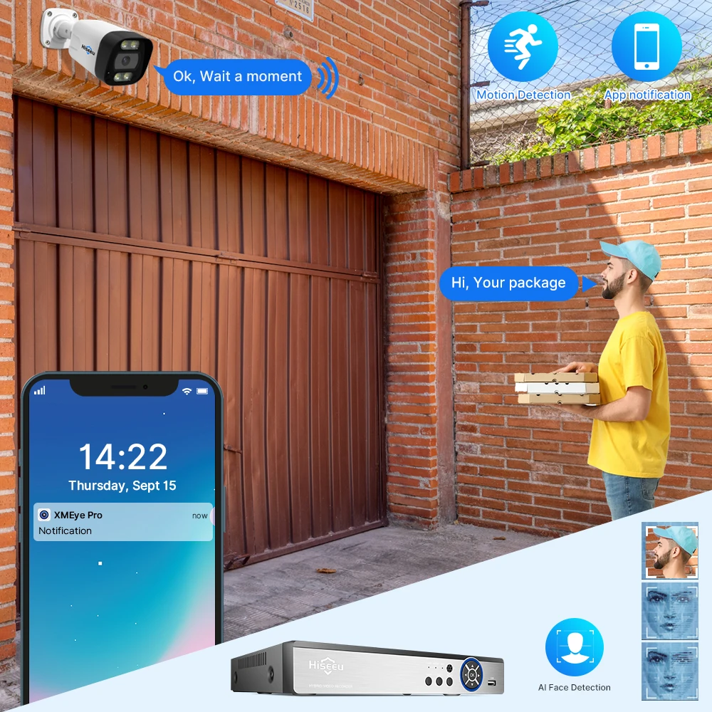 Hiseeu H.265+ Outdoor alarm two-way audio full color night vision ip 4k nvr 5mp poe cctv security camera system 16 channel