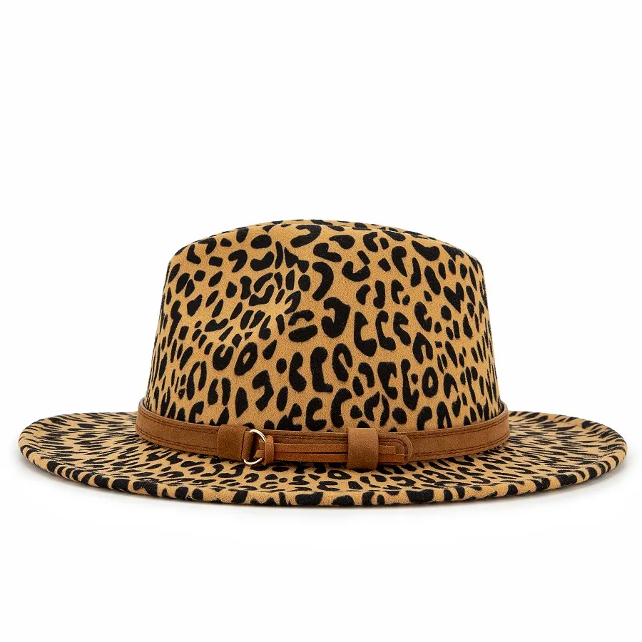 Large Flat Brim Autumn Winter Elegant Hats for Ladies Men Jazz Leopard Fedora Hat