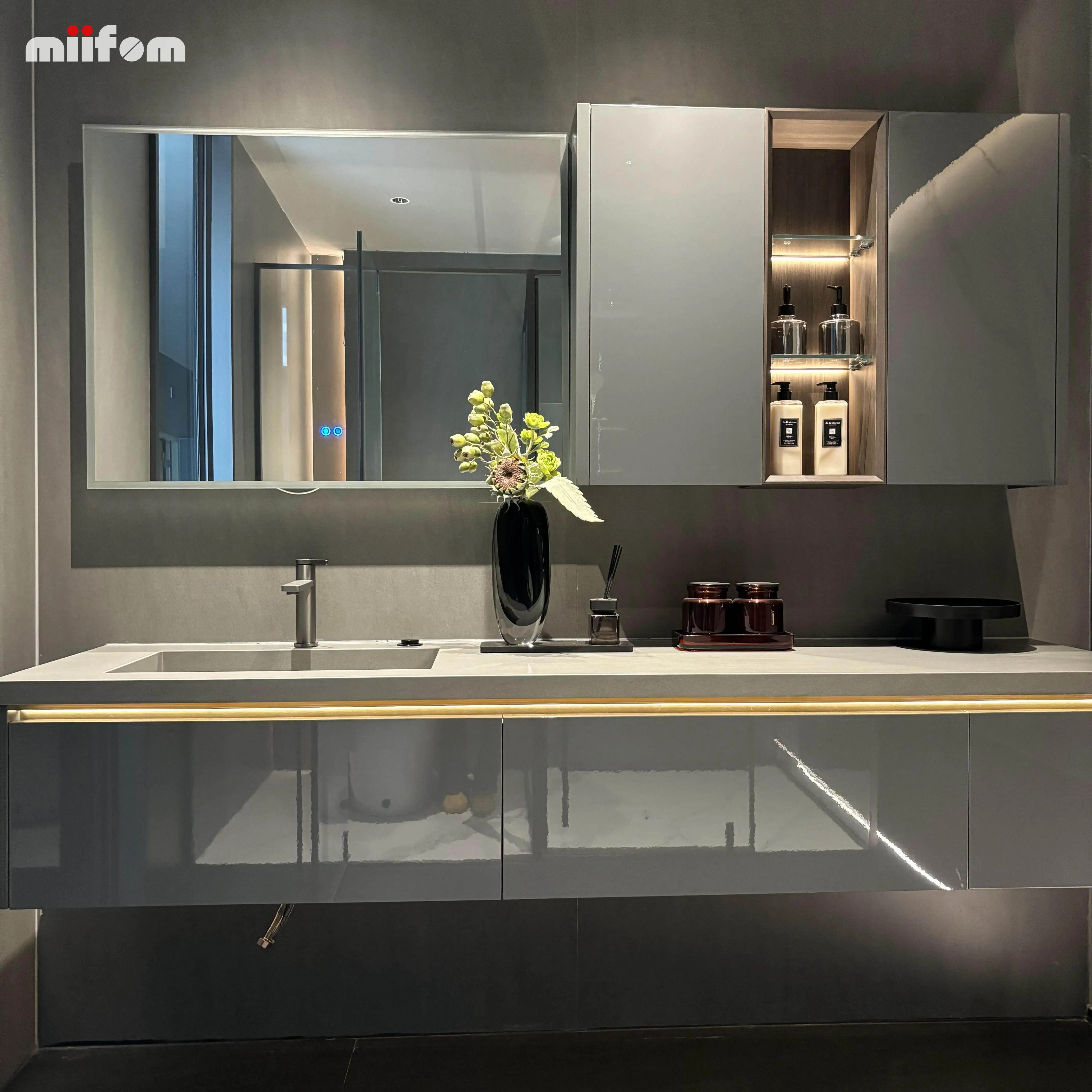 grey high glossy lacquer countertop and basin integrated one type bathroom cabinet with smart mirror