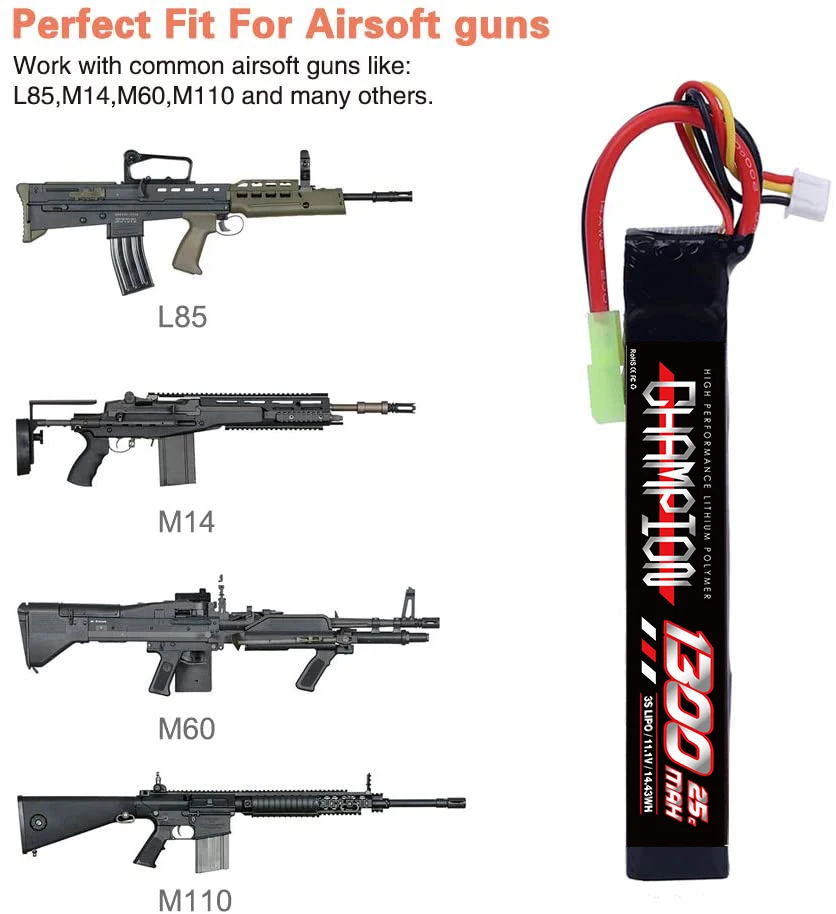 CHAMPION Factory Price Wholesale 1300mAh 25C 3S 11.1V Rechargeable Lithium Battery Pack for Airsoft Gun Battery