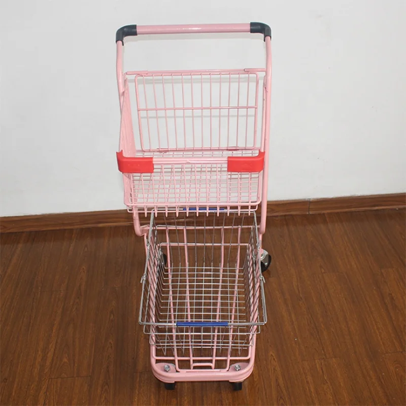 Wholesale Supermarket Trolley Metal Supermarket Shopping Hand Basket Cart Trolley With 2 Basket