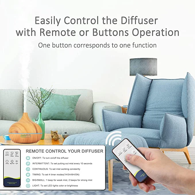 Wood Grain Design Remote Control Timer 550ML Large Atomizing Humidifier 550ML Cold Mist Aroma Essential Oil Ultrasonic Diffuser