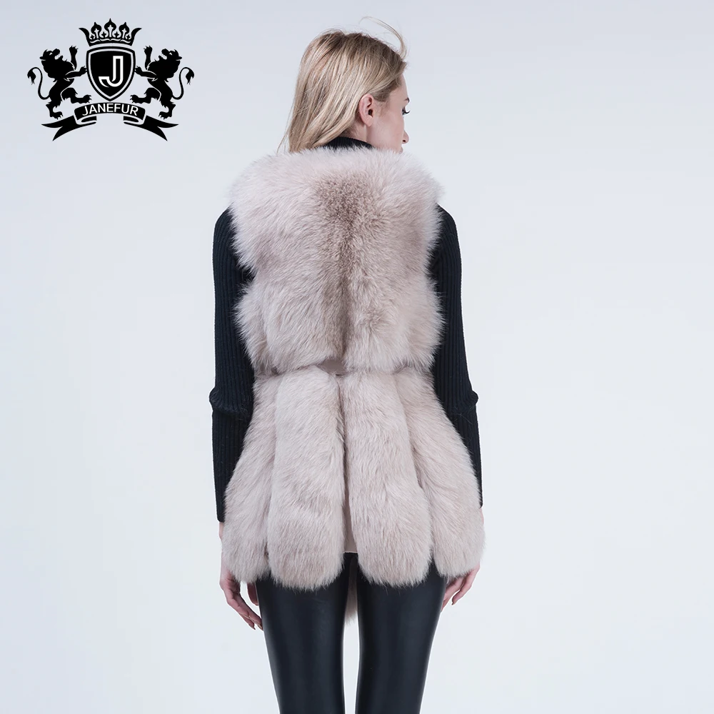 Janefur Fur Gilet Real Fox Fur Vest with Leather Belt Winter Fur Vest for Women