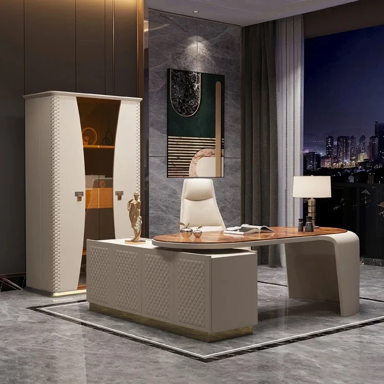 Sleek Contemporary Executive Office Desk with Integrated Shelves and Leatherette Details