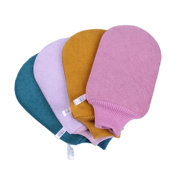 Customized Logo And Packaging Bath Scrub Silk Exfoliating Purple Glove Plant Based Exfoliating Bath Gloves