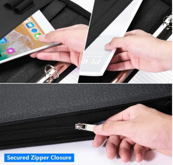 PU Leather Padfolio Business Resume Portfolio for A4 Document File Bag Zippered Business Padfolio with Notepad