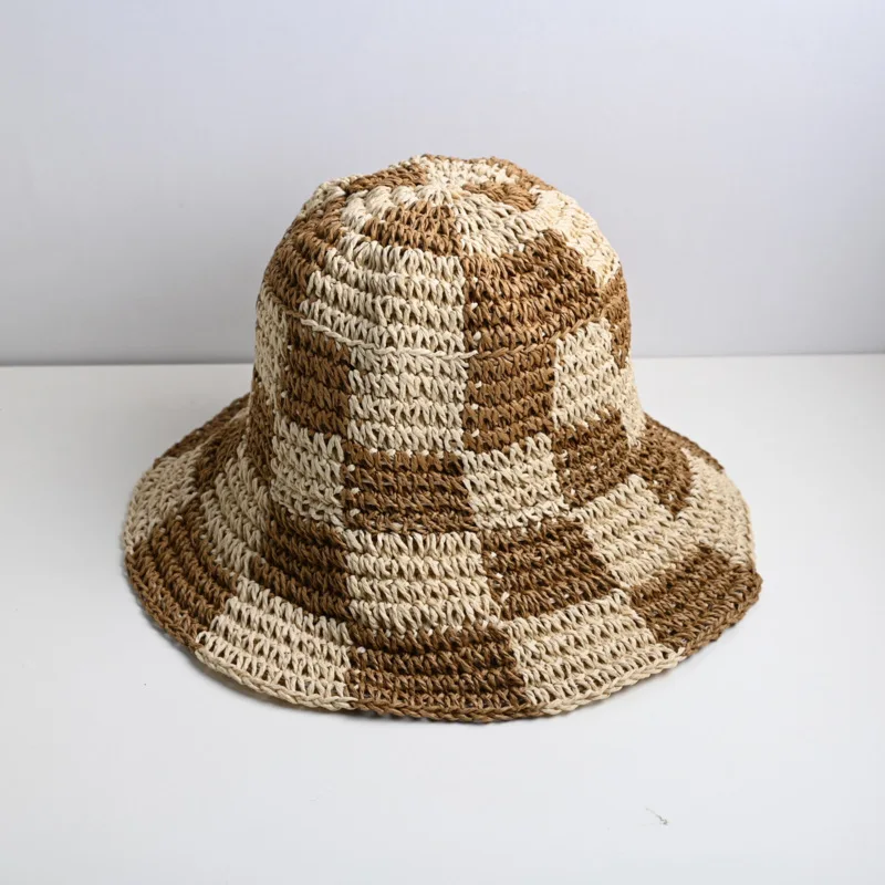 Handmade Breathable Travel Beach Protection Sun Crochet Bucket Hat Ladies Plaid Womens Straw Hats For Men