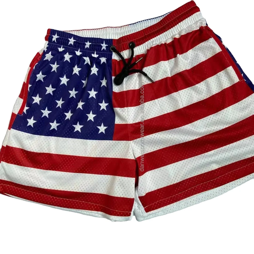 custom USA flag design printing 5inch inseam double side mens basketball shorts