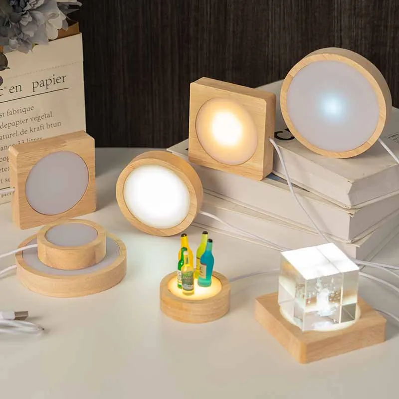 Wooden Led Square Round  Shape Base Night Light colorful white light crystal crafts display base different sizes wholesale price