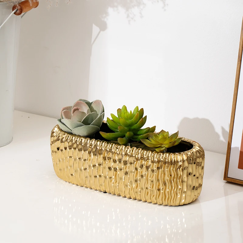 Luxury cheap fancy home decoration rectangle shape nordic gold-plated ceramic garden pot table flower pots wholesale