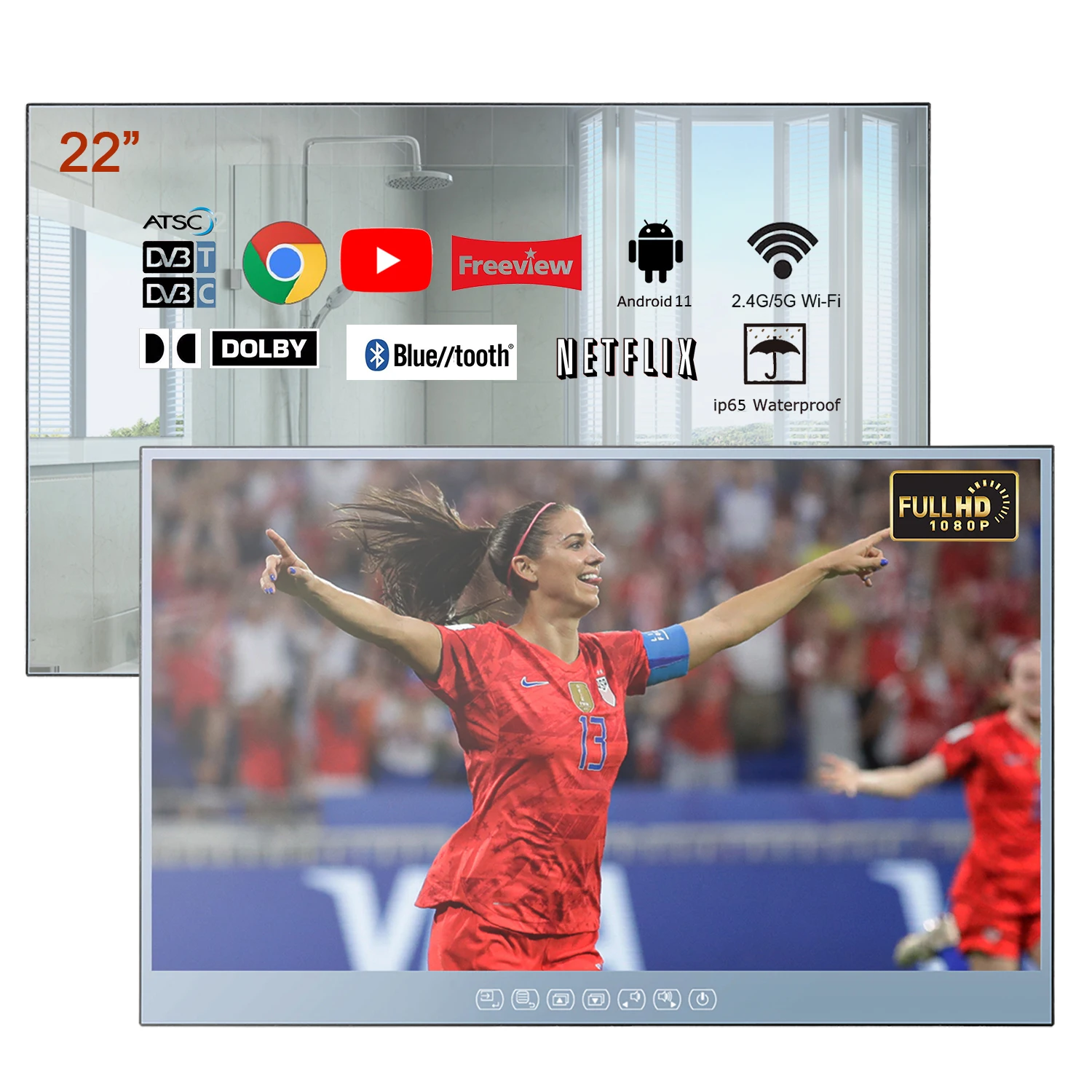 Soulaca 22 inch Bathroom TV Smart Mirror TV IP66 Waterproof Integrated with Wi-Fi and Blue.tooth