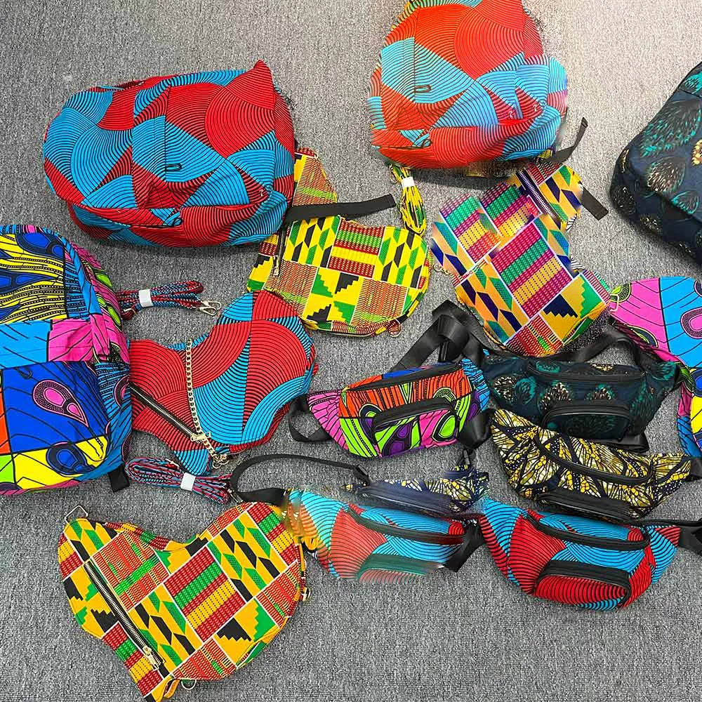 Fannypack in african ankara wax fabric multi-pockets unisex sport waist bags adjustable zipper bags