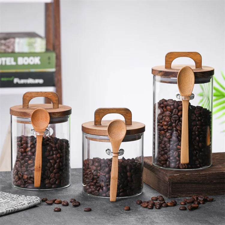 Kitchen Glassware Food Storage Container and Jar Eco Friendly Borosilicate Glass with Wooden 700ml 800ml 1000ml Handmade Modern