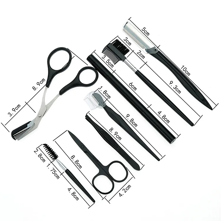 8 pieces Eyebrow Clip Knife Razor Set Black Makeup Tool Eyebrow trimmer Eyelash Scissors Brush Pencil Eyebrow Tweezers Kit