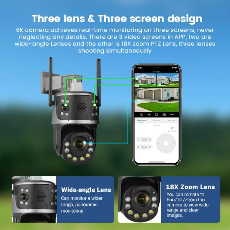 iCsee 12MP 50X Optical Zoom Wireless WiFi 4G CCTV PTZ Camera Three Lens Outdoor Linkage Alarm Wifi  IP Security Camera