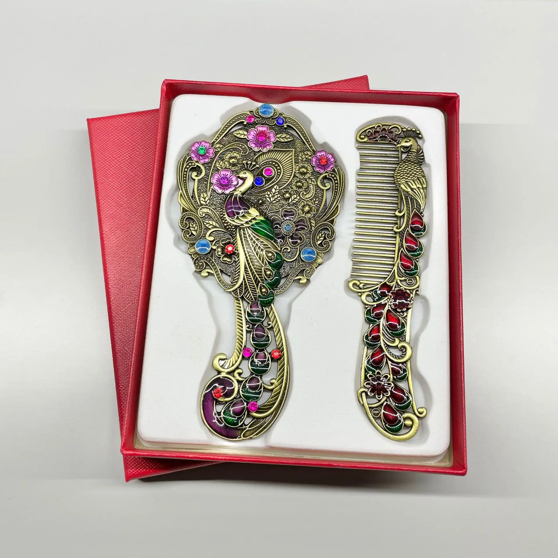 Creative Vintage Peacock Metal  Mirror Zinc Alloy Rhinestone Decoration Mirror Comb Set