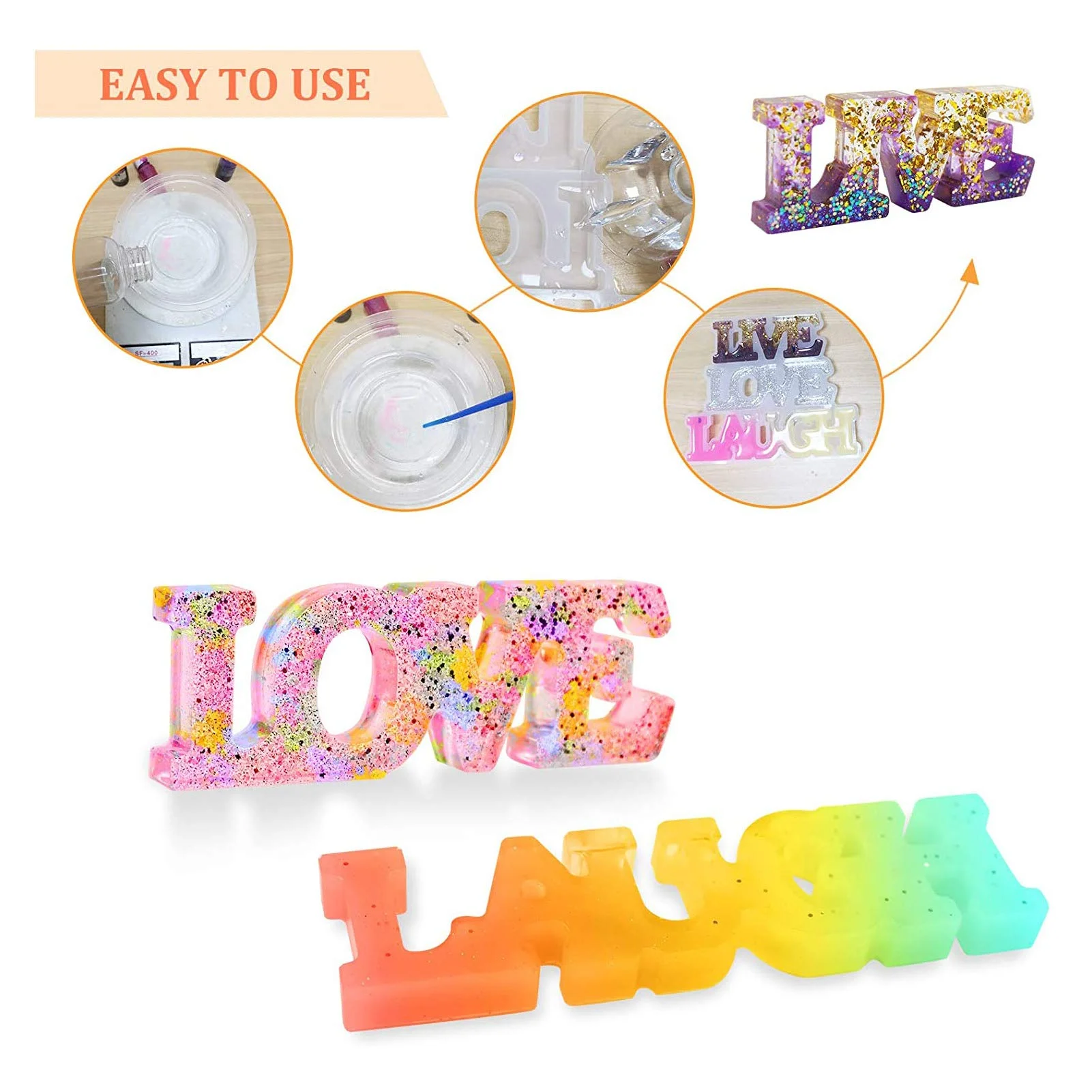 Love Silicone Resin Mould, Live/Love/Laugh Character Epoxy Casting Mould with 24 Colorful Sequins, DIY Craft Resin Supplies for