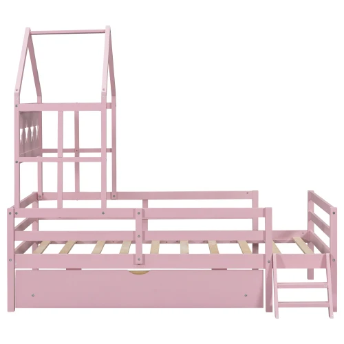 Pink wooden house theme princess bed with guardrail and drawer storage space suitable for children.
