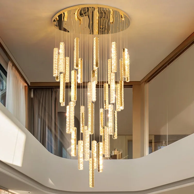 Nordic Style Drop Light Crystal Pendant Lights Luxury Long Office K9 Crystal Chandelier High Ceiling Lighting for Villa Stairs