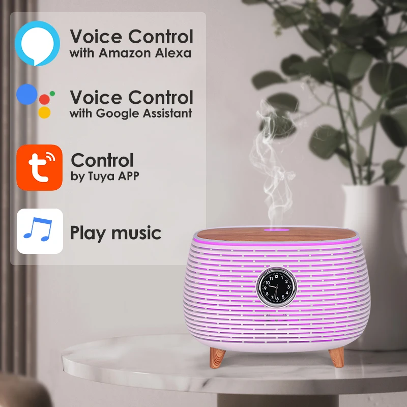 400ML Portable Smart Cool Mist Music Humidifier Aromatherapy Essential Oil Wooden Grain Diffusers with Music Speaker and Clock
