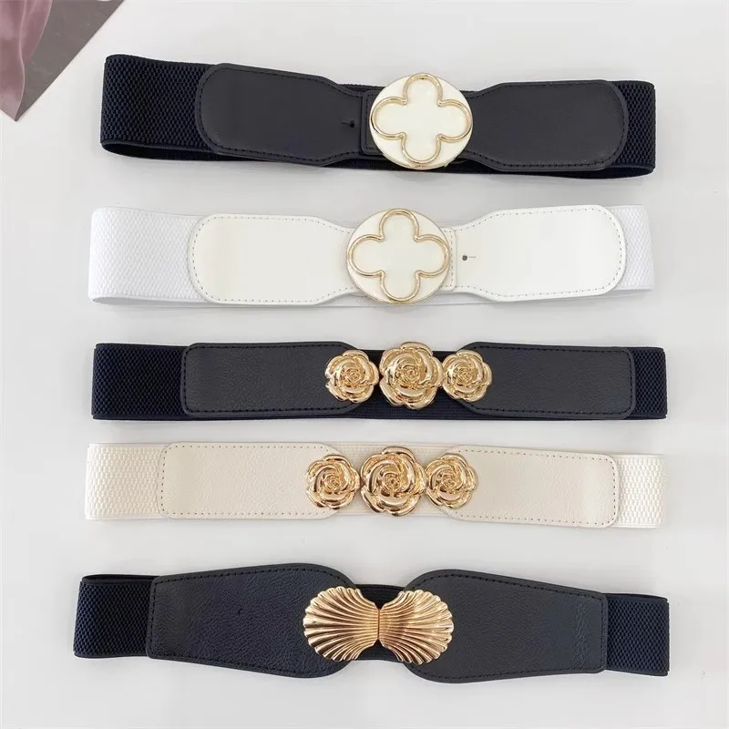 Heart Shell Buckle Design Elastic Stretchy Waist Belt New Design Flower Skinny Waistband Decoration Coat Dress Skirt
