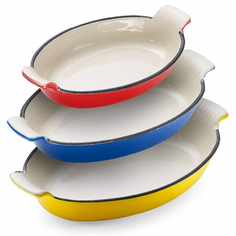 Customize Bakeware 15/20/30cm Enamelled Fish Shaped Cast Iron Baking Pan Cookware And Bakeware Set With Nonstick Coating