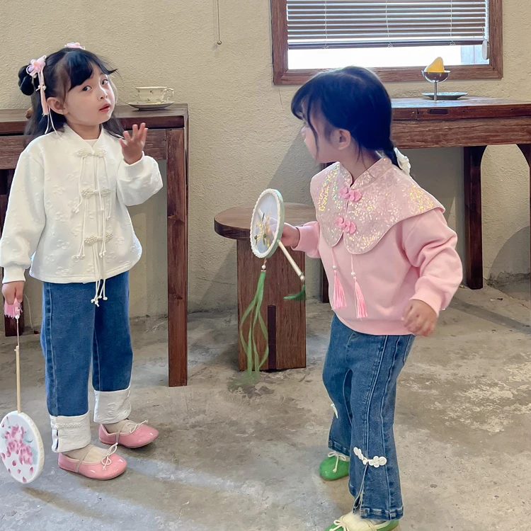 Chinese Style Girls Clothing Sets Excellent Embroidery Kids T Shirts Clothes for Children Jeans for Girl