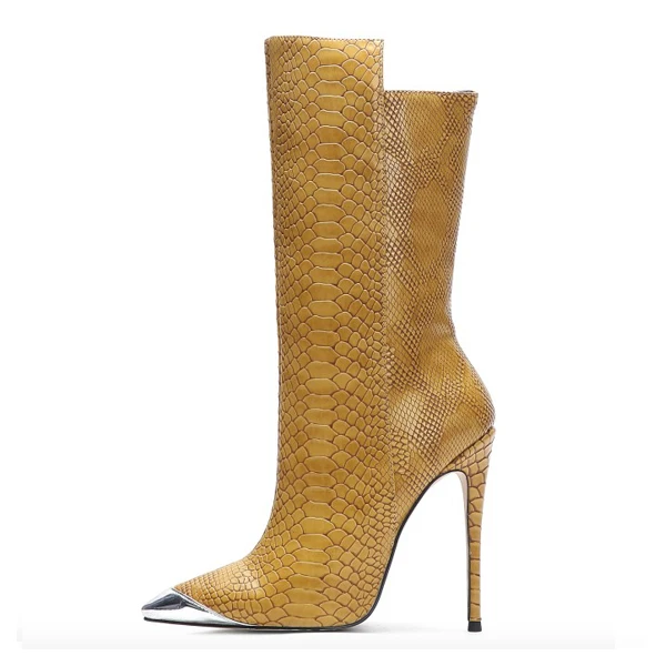 Hoslasen shoes yellow crocodile leather luxury high heel pointy toe women ankle boots sexy shoes zipper up fashion girls shoes