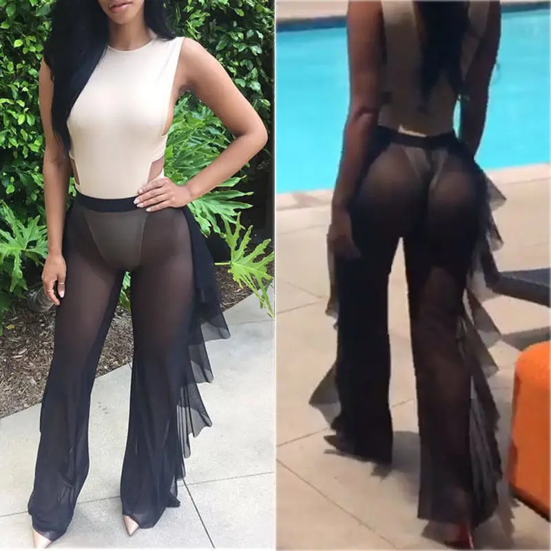 High quality sexy women mesh bell-bottom colorful swimwear beach long pants