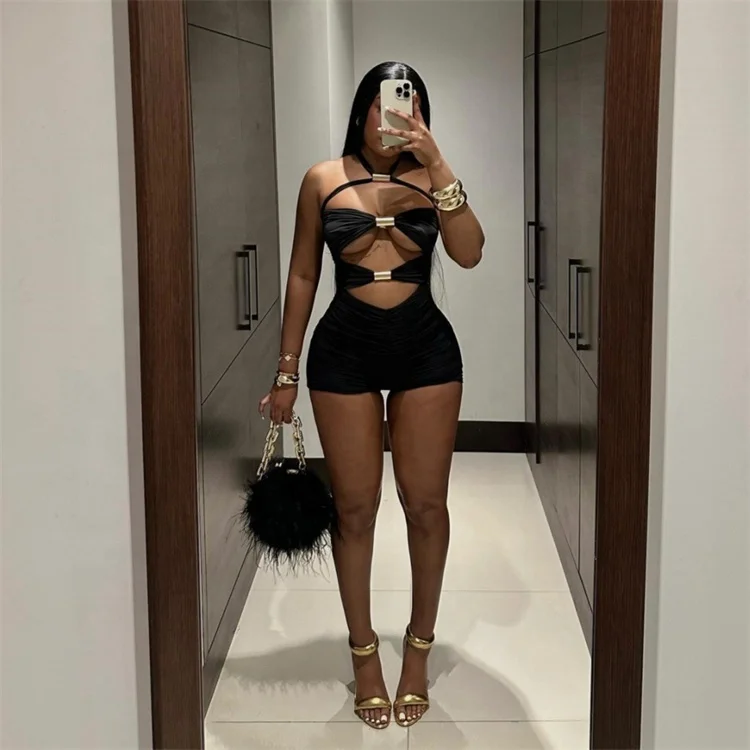 Sexy Metal Ring Hollow Out Bodycon Rompers Womens Jumpsuit Night Club Outfits Skinny  One Piece Overalls